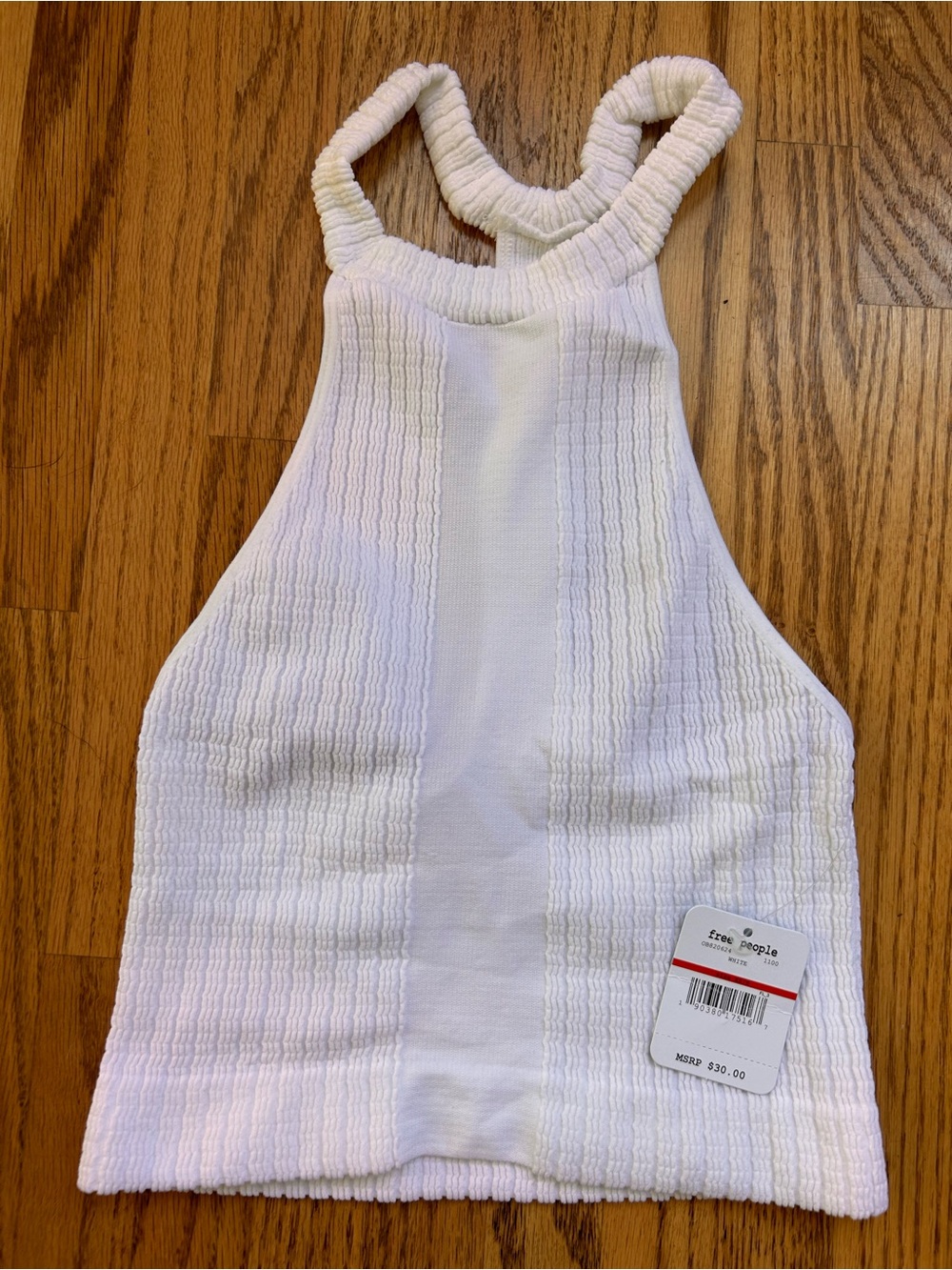White Ribbed Halter Crop Top very stretchy not horribly short.